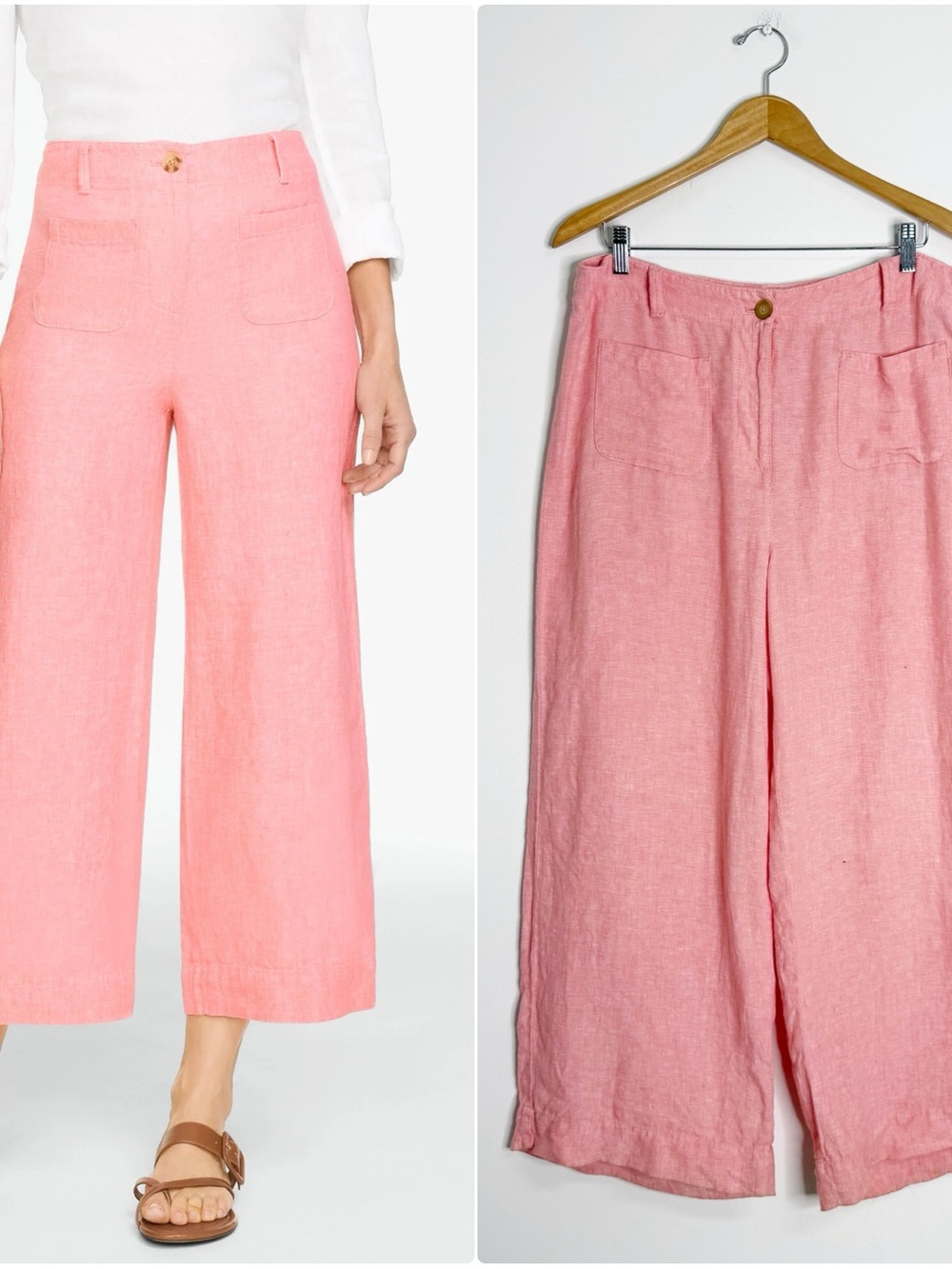 Talbots Washed Linen Wide Leg Pants Size 12 Pink Cropped High Rise
